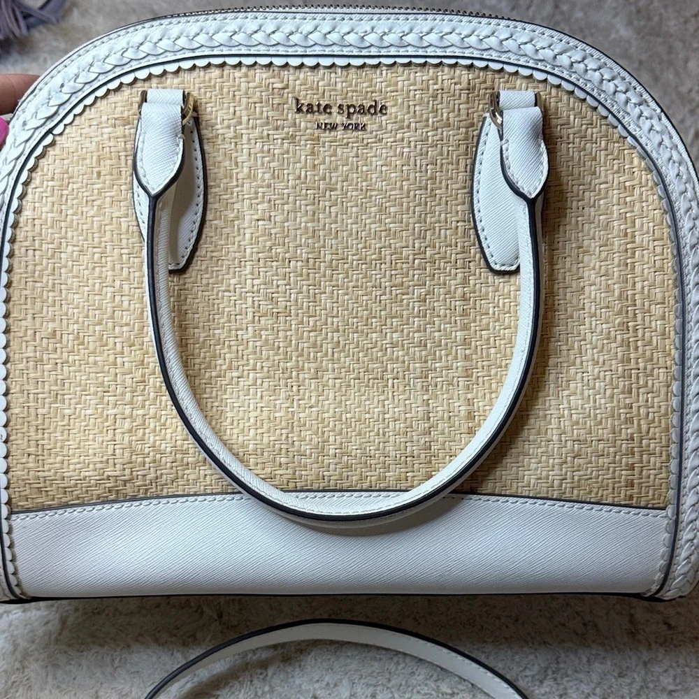 Kate Spade Reiley Straw Dome Satchel Tan and White
